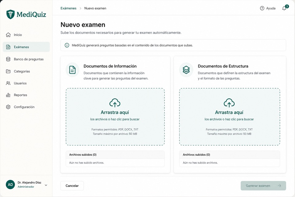Pantalla de Nuevo examen: subir documentos de información y estructura