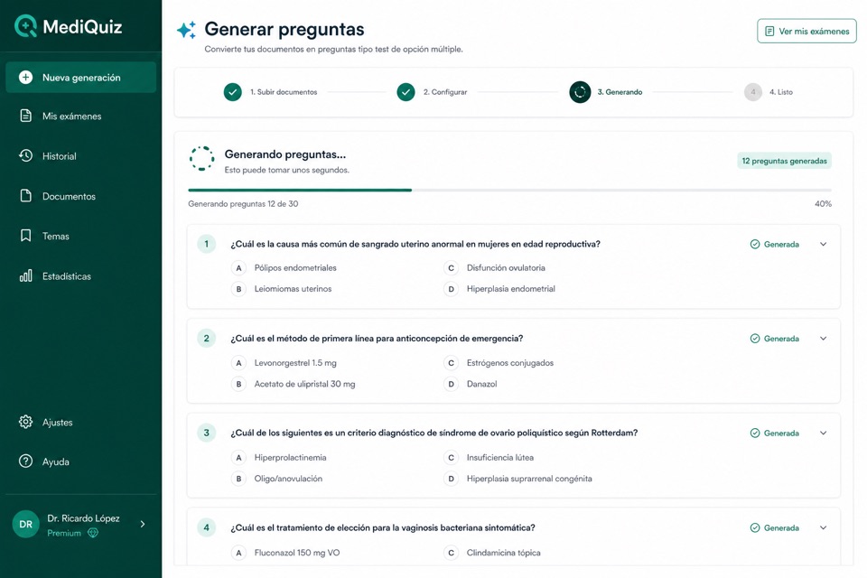 Pantalla de generación de preguntas a partir de tus documentos