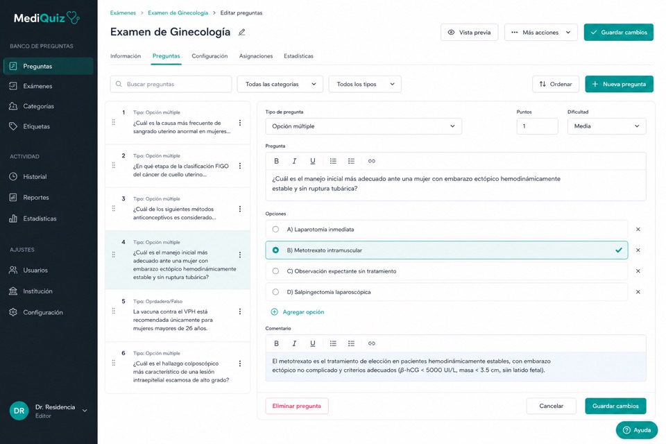 Banco de preguntas: editar enunciado, alternativas y comentarios